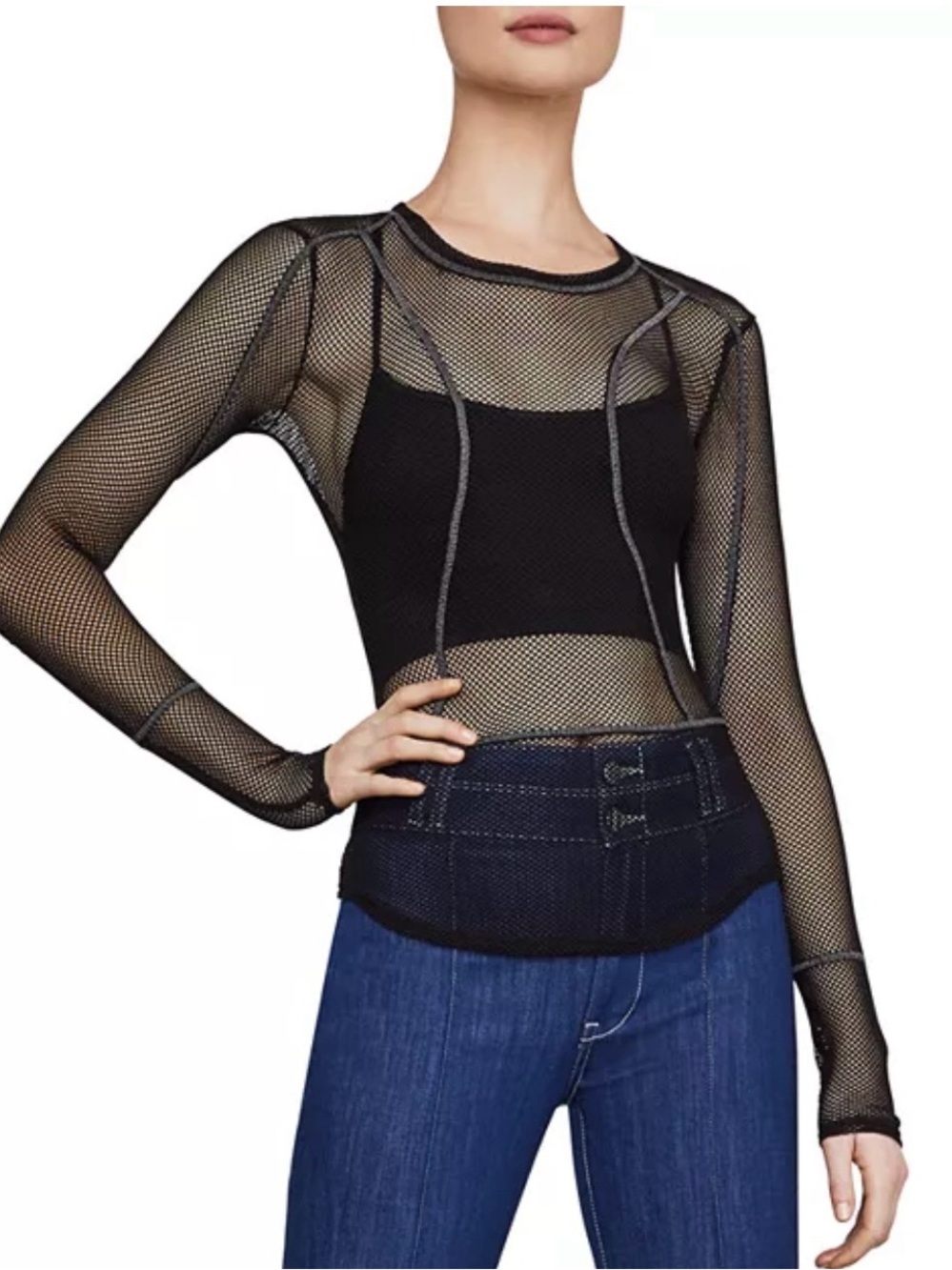 Black Sheer Mesh Long-Sleeve Top